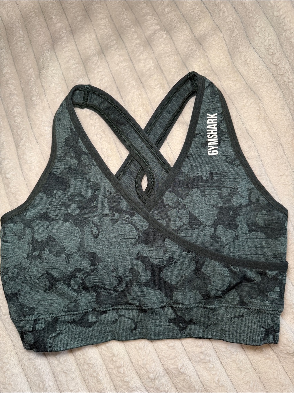 Gymshark Dark Green Camouflage Seamless Cross-Back Sports Bra
